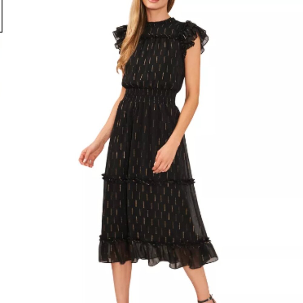 CeCe Women's Metallic Print Ruffled Smocked Waist Midi Dress XL Black w/Gold